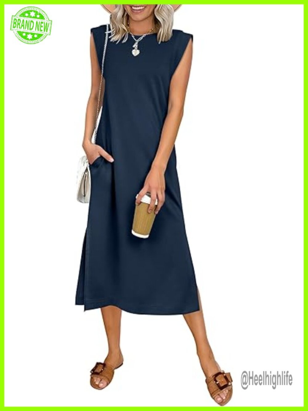 Sleeveless Crewneck Midi Dress Side Pockets Wrinkle-Free Beach Travel - Picture 1 of 7